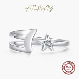 Ailmay Adjustable Star Moon Open Size Ring Fashion Clear Cz 925 Sterling Silver Finger for Women Romantic Wedding Jewelry