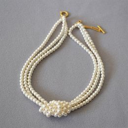 Classic Vintage Glass Imitation Pearl 3 Layered Knot Necklaces for Women Neck Chain Female Jewellery Wholesale Gift