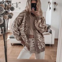 Spring Autumn Oversized Sweater Leopard Cardigan Casual Loose Female Knitted V-neck Jumper Fall Women Clothing 211215
