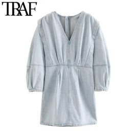 TRAF Women Chic Fashion Pleated Denim Mini Dress Vintage V Neck Puff Sleeve Back Zipper Female Dresses Vestidos Mujer 210415