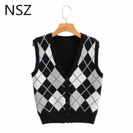 NSZ women argyle style sweater vest fall fashion crop top sleeveless rhombus knitted cardigan jumper vest tank top waistcoat 211008