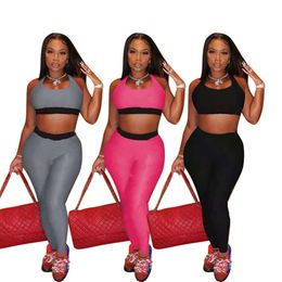 Summer Women jogger suits outfits plus size 2XL tracksuits sleeveless tank top crop top+leggings two piece set casual black sportswear running clothing 4847