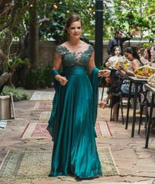 2022 Green Jade Floor Length Mother of the Bride Dresses For Wedding Scoop Neck Applique Capped Sleeves Evening Party Prom Gowns with Wrap Groom Mom Formal Dress