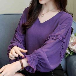 Blusas Mujer De Moda V-neck Chiffon Blouse Shirt Women Tops Clothes Long Sleeve Blouse Women Womens Tops And Blouses C723 210426