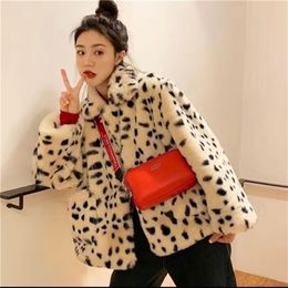 CZJMS Winter Leopard Furry Coats Womens Loose Warm Faux Fur Lady Jackets Turn Down Collar Plush Coat Korean Fashion 211122