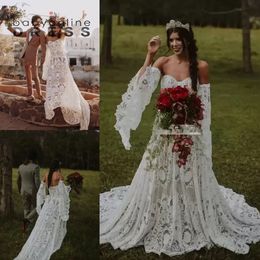 Vintage Crochet Lace Boho Wedding Gowns with Long Sleeve Off Shoulder Countryside Bohemian Celtic Hippie Bride Dresses Robe BC10809