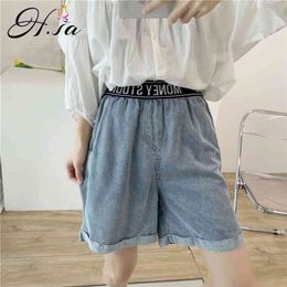 Women Denim Shorts Elastic Letter Printed Casual Summer Jeans Female Leisure For Woman 210430