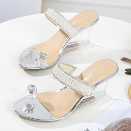 Summer Women 8cm High Heels Pearl Crystal Wedges Sandals Slides Luxury Block Slippers Silver Gold Plus Size Fetish Prom Shoes