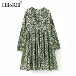 Floral Print Loose Mini Dress Women Lantern Long Sleeve Chic Pleated Casual V Neck Beach es 210508