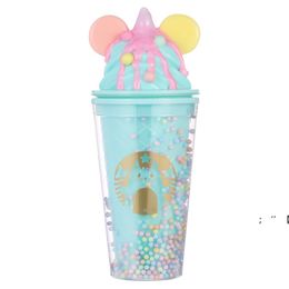 450ml Cartoon Pattern Tumbler with Straws Plastic Double Layer Summer Party Water Juice Cup RRF12216