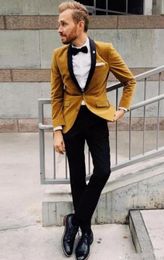 Great quality Velvet yellow Groom Tuxedos Black Shawl Lapel Groomsmen Wedding Dress Autumn Winter Style Men Formal Party Prom Suit(Jacket+Pants+Tie) 1200