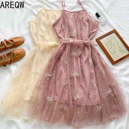 Summer Super Fairy Sweet Wild Embroidery Beaded Mesh Sling Waistb Dress Short Female 210507