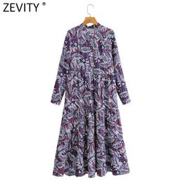Zevity Women Vintage O Neck Pleats Tropical Leaves Print Casual Loose Midi Dress Female Retro Patchwork Chic Vestido DS4678 210603