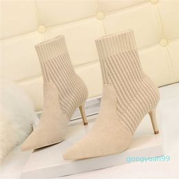 2021 Winter Sock Boots Sexy Knitting Stretch High Heels for Women Fashion Shoes Female Stripe Autumn Ankle Booties
