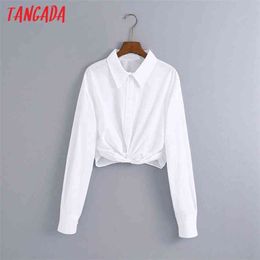 women bow white crop shirts tunic long sleeve solid turn down collar short blouses 6Z78 210416