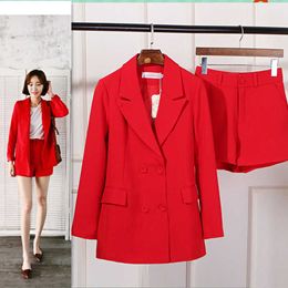 summer fashion long sleeve red blazer Casual temperament suit and shorts two-piece women Suits office sets 210527