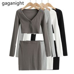Casual Women Solid Two Pieces Set Crop Cardigan Sexy Jumper Mini Short Skirt Lady Spring Outfits Korean Suit 210601