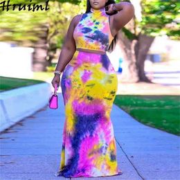 Plus Size Women's Summer Suits Sleeveless Tops and Long Skirt Tie Dye Print Fashion Set for Women Elegant 2 Piece 210513