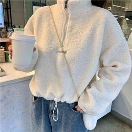 Autumn winter hoodie imitation lamb velvet short plus thick hooded sweatshirt female loose student jacket tops 210809