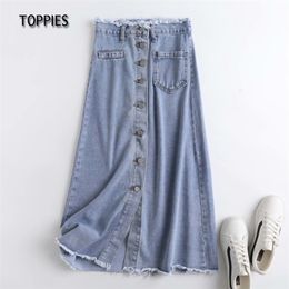 Vintage Denim Tassel Skirts High Waist Long Front Button A-line Bottoms Femael Streetwear 210421