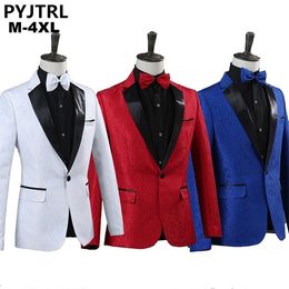 PYJTRL Men Royal Blue White Red Jacquard Stage Costumes Singer Wedding Suit Jacket Men Blazer Designs Jaqueta Masculino Slim Fit X0628