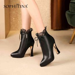 SOPHITINA Fashion Butterfly-knot Boots High Quality Genuine Leather Women's Shoes Special Strange Style Heel Ankle Women's PO303 210513