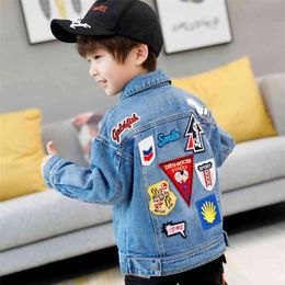 Spring Fall Baby Boy Denim Coats Turn-down Collar Jeans Jackets for Teenage Boys Cotton Korean Cartoon Print Tops 4 8 12 Years 210622