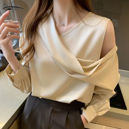 Spring Autumn Elegant Satin Blouse Women Off-Shoulder Long Sleeve V-Neck Slim Chiffon Solid OL Tops Chemisier Femme 11202 210521