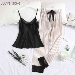 JULY'S SONG 2 Piece Woman Pyjamas Set Sling Stain Long Pants Silk Sexy Sleepwear Pink Top Strap Summer Pyjama 210809