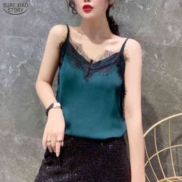 Crop Top Clothing Blusas Mujer Summer Sling Satin Sleeveless Blouse Casual Sexy Solid Lace Women Shirts 9750 210415