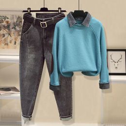 Women's Two Piece Pants Women 2021 Autumn Fashion Two-piece Suits Female Knitted Pullover Sweater Tops Ladies Loose Harem Jeans Sets P199