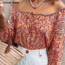 Bohemian Orange pink Floral Print Pullover Shirt Ethnic Women Bow Lace Up O neck Long Sleeve Blouse Tops 210429