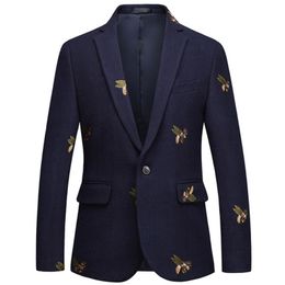 Bee Embroidery Blazer Slim Fit Masculino Abiti Uomo Wedding Prom Tweed Wool For Men Stylish Suit Jacket