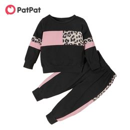 2-piece Baby Toddler Girl Splice Colorblock Leopard Print Long-sleeve Pullover and Pants Set Boy Kids Clothes 210528