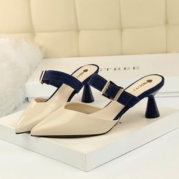 Slippers Korean Version Of The Simple Baotou High-heeled Shallow Pointed Metal Belt Buckle Hollow Word With Female
