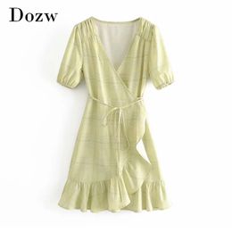 Women Summer Plaid Mini Dress V Neck Elegant Ruffled Wrap Dresses Female A Line Short Sleeve Casual Dress Vestidos Mujer 210414