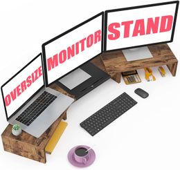 Dual Monitor Stand Riser, 3 Shelf Computer Monitor Stand with Adjustable Length and Angle, Large Desktop Organizer Computer Stand Riser for 3 Monitors, 46 inches