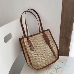 Evening Bags Summer Pu Leather Splice Straw Women Shoulder Solid Color Hand-woven Handbags Large Capacity Beach Tote