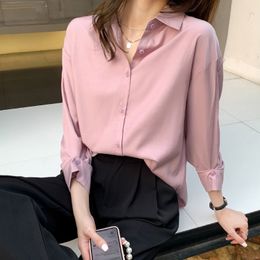 Vintage Satin Silk Shirts Female Plain Casual Loose Work Wear Long Sleeve Blouses Women Plus Size Chiffon Chic Elegant Tops 210416