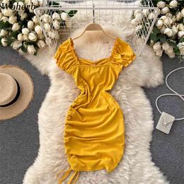 Sexy Drawstring Pleated Bodycon Dress Women Elegant Square Collar Short Sleeve High Waist Mini Vestidos Party Robe 210519