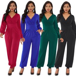 Elegant Straight Lantern Sleeve V Neck Jumpsuits Wide Leg Long Pant Sexy Office Lady Casual Clothes Black Green Women's Overalls 210507