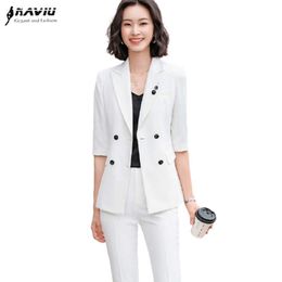 White Suit Professional Temperament Fashion Formal Half Sleeve Blazer And Pants Office Ladies Business Work Wear Black 210604