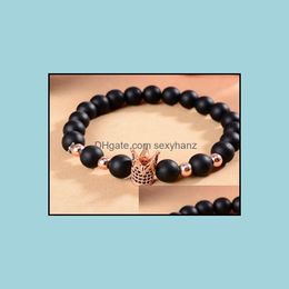 Beaded, Strands Bracelets Jewellery 8Mm Yn33 Gold Sier Crown Frosted Agate Onyx Nature Black Stone A Micro Pave Cz Zircon Cubic Zirconia Brace