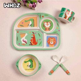 Cartoon Bamboo Fiber Baby Feeding Plate Children Tableware Tray Dish Bowl Fork Spoon Cup Food Training Dinnerware Set Kids Gift G1221