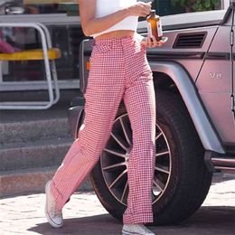 Pink Plaid Print Vintage Pants Women Casual High Waisted Long Trousers Fashion Skinny Capris Spring 210915