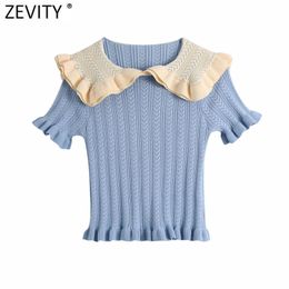 Women Sweet Ruffles Peter Pan Collar Patchwork Blue Knitting Short Sweater Female Chic Ruched Summer Pullovers Tops SW712 210420