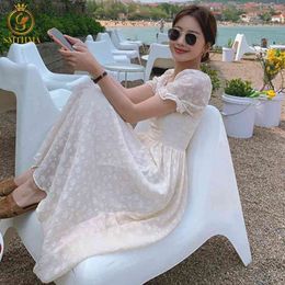 Vestidos Vintage Elegant Flowers Puff Sleeve Summer Beach Sweet Dresses Casual Square Collar Long Dress 210520