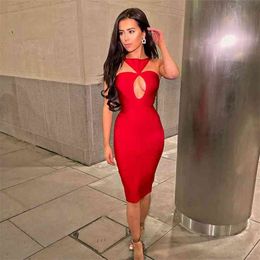 Women Fashion Sexy Keyhole Red Bandage Dress Designer Elegant Midi Evening Celebrity Party Vestido 210527