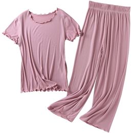 Japanese summer new ladies cotton modal short-sleeved nine-point pants suit home service suit women's large size home pajamas 210330