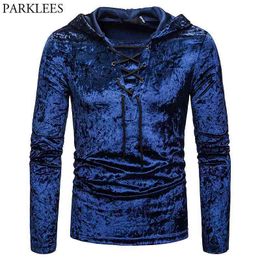 Royal Blue Velvet Velour Hoodie T Shirt Men Fashion Lace-up Hooded T-shirts Mens Hip Hop Casual Swag Hoodies Tshirt Homme 210522